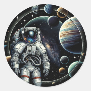 Vintage-Astronaut und Planeten Runder Aufkleber