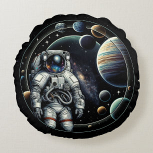 Vintage-Astronaut und Planeten Rundes Kissen