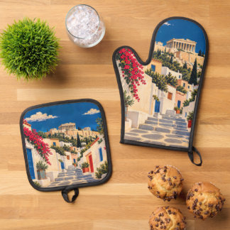 Vintage Athen Griechenland Ofenhandschuh & Topflap Topflappen-Set