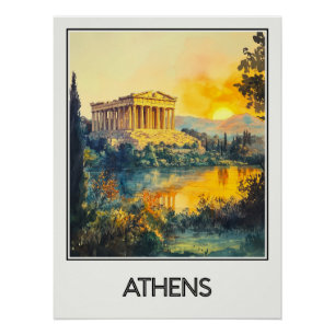 Vintage Athen Poster, Sonnenuntergang auf dem P Poster
