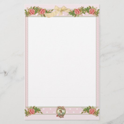 Vintage attische Rose und rosa Polka-Punkte Briefpapier (Vorderseite)