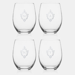 Vintage-Attrappe-Silber-Wappen graue Initialen Weinglas Ohne Stiel
