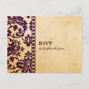 Vintage Aubergine Damast Hochzeit RSVP Einladungspostkarte
