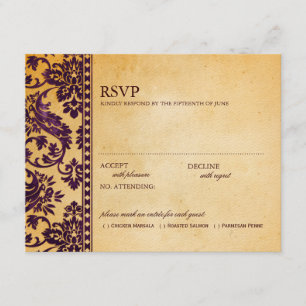 Vintage Aubergine Damast Hochzeit RSVP Karte