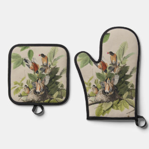 Vintage Audubon Amerikanische Rotdrossel Vogelnest Ofenhandschuh & Topflappen-Set
