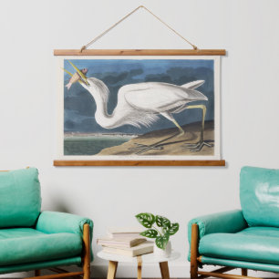 Vintage Audubon-Großer Weißer Reiher-Vogelkunst Wandteppich Mit Holzrahmen