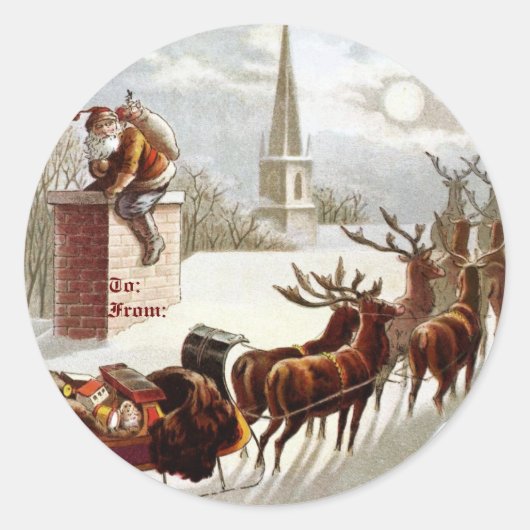 Vintage Aufkleber des Santa Claus Reindeer Sleigh (Vorderseite)