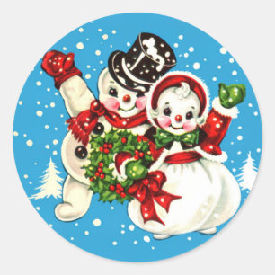 Vintage-Aufkleber Schneemann und Frau aus den 1940 Runder Aufkleber