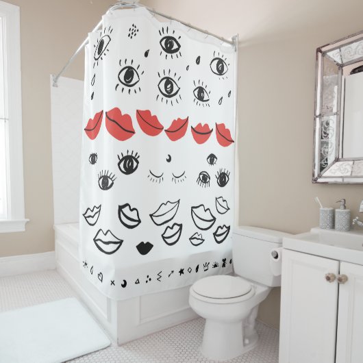 Vintage Augen, rote Lippen. Duschvorhang (Beispiel)