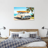 Vintage Auto am Strand mit Surfbrett Leinwanddruck (Insitu (Schlafzimmer))