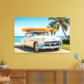 Vintage Auto am Strand mit Surfbrett Leinwanddruck (Insitu (Wohnzimmer))
