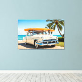 Vintage Auto am Strand mit Surfbrett Leinwanddruck (Insitu (Holzboden))