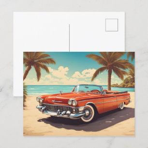 Vintage Auto am Strand mit Surfbrett Postkarte