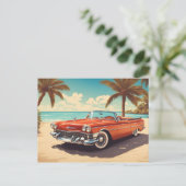 Vintage Auto am Strand mit Surfbrett Postkarte (Stehend Vorderseite)