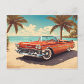 Vintage Auto am Strand mit Surfbrett Postkarte (Vorderseite)