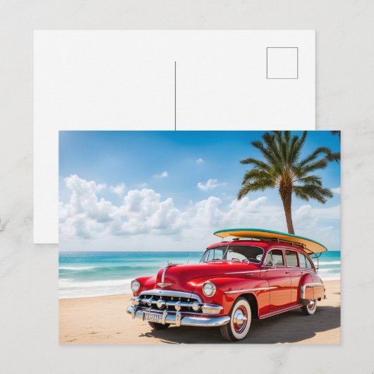 Vintage Auto am Strand mit Surfbrett Postkarte (Vorne/Hinten)