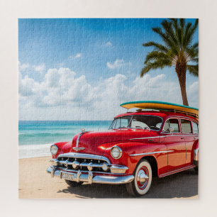 Vintage Auto am Strand mit Surfbrett Puzzle