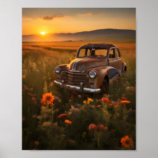 Vintage Auto auf einem Feld bei Sonnenuntergang Poster
