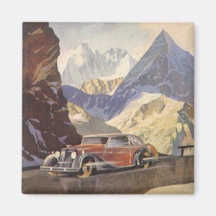 Vintage-Auto auf einer Bergstraße im Winter mit Sc Magnet