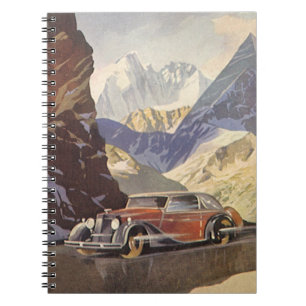 Vintage-Auto auf einer Bergstraße im Winter mit Sc Notizblock