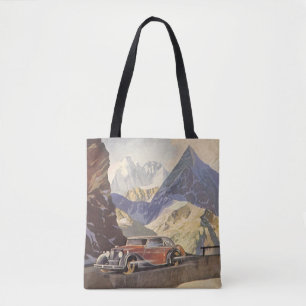 Vintage Auto auf einer Bergstraße im Winter mit Sc Tasche