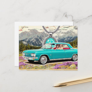 Vintage-Auto auf einer Karte in den Bergen Collage