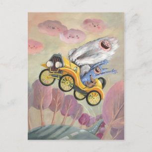 Vintage Auto mit Monstern Postkarte