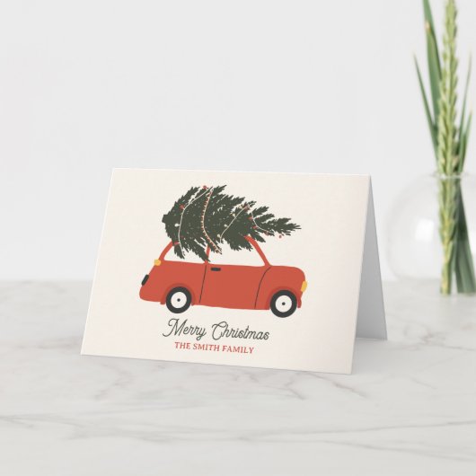 Vintage Auto mit Weihnachtsbaum Feiertagskarte (Vorderseite)