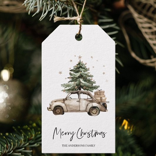 Vintage Auto mit Weihnachtsbaum-Geschenk Geschenkanhänger