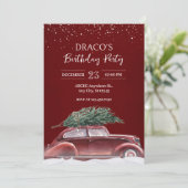 Vintage Auto mit Weihnachtsschnee Geburtstag Einladung (Stehend Vorderseite)