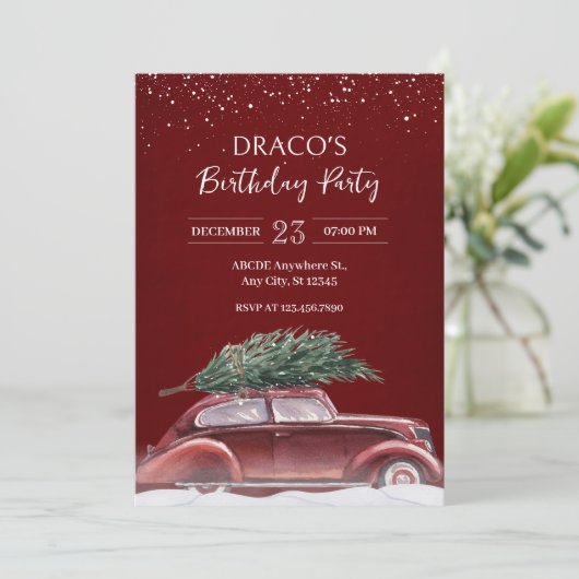 Vintage Auto mit Weihnachtsschnee Geburtstag Einladung (Stehend Vorderseite)