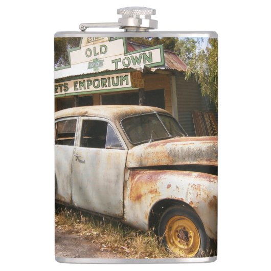 Vintage Auto und Garage, Hüftkolben Flachmann (Vorderseite)