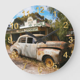 Vintage Auto und Garage, runde Wanduhr
