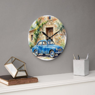 Vintage Auto vor einem steinernen Cottage Große Wanduhr