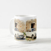 Vintage Auto vor Steinbau Kaffeetasse (Vorderseite Links)