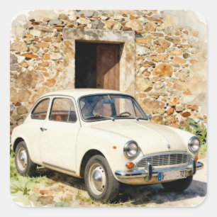Vintage Auto vor Steinbau Quadratischer Aufkleber