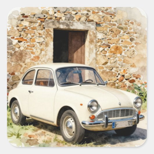 Vintage Auto vor Steinbau Quadratischer Aufkleber (Vorderseite)