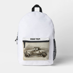 Vintage Auto zeichnend auf Tasche. Road Trip! Bedruckter Rucksack