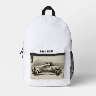 Vintage Auto Zeichnung auf der Tasche. Road Trip! Bedruckter Rucksack