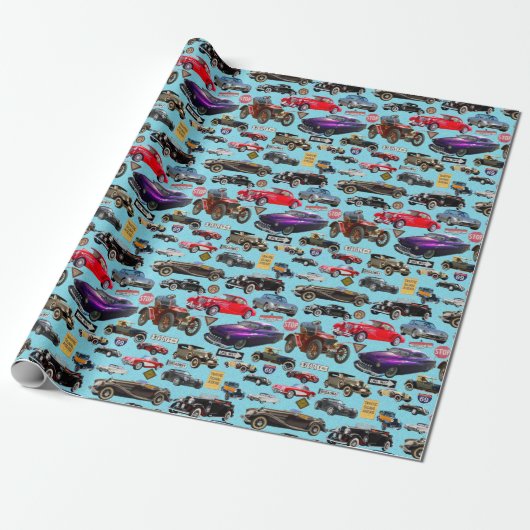 Vintage Autos und Schilder Geschenkpapier (Ungerollt)