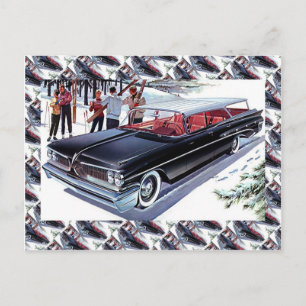 Vintage Autoverwerbung, Skifahren mit dem Auto Postkarte