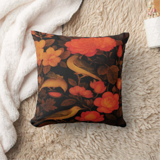 Vintage Autumn Birds Throw Pillow – Dark Floral El Kissen