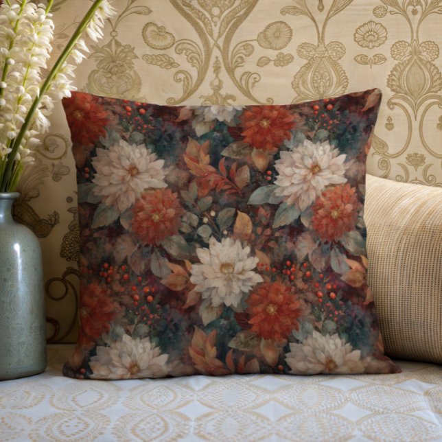 Vintage Autumn Dahlia Floral Pattern Cushion Kissen (Von Creator hochgeladen)