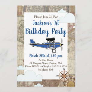 Vintage Aviator-Flugzeug-Weltreise Geburtstag Einladung