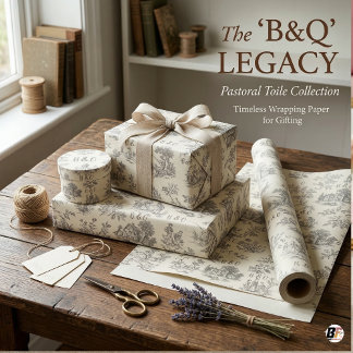 Vintage B&Q Monogram Toile Pastoral Scene Gift Geschenkpapier