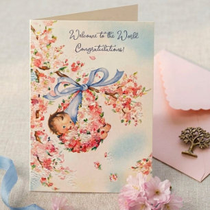 Vintage-Baby-Ankündigung Kirschblüten-Blumenmuster Karte