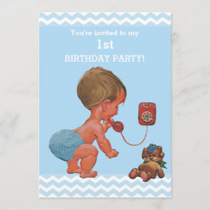 Vintage Baby Boy am Telefon Chevron 1. Geburtstag Einladung