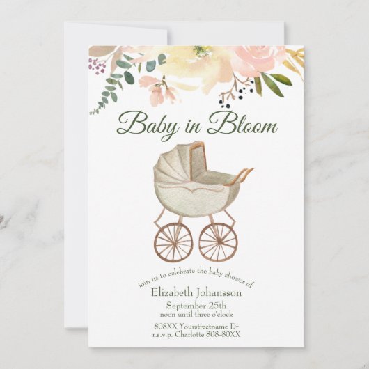 Vintage Baby-Buggy und Blumenbaby in Bloom Einladung (Vorderseite)