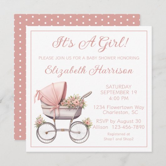 Vintage Baby Carriage Baby Dusche Einladung (Vorne/Hinten)