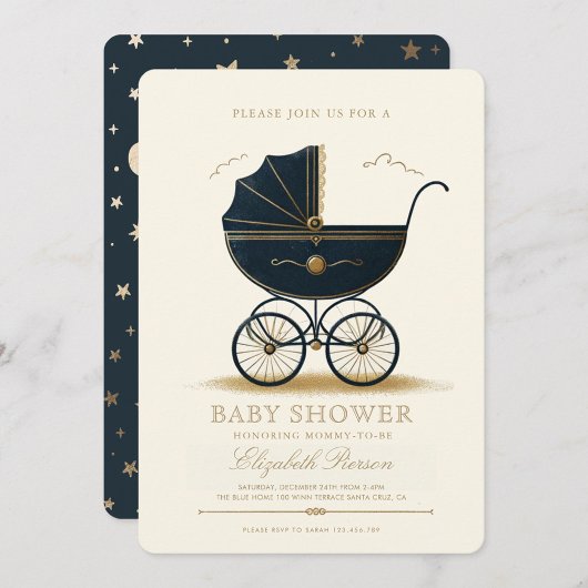 Vintage Baby Carriage Elegant Navy Baby Shower Einladung